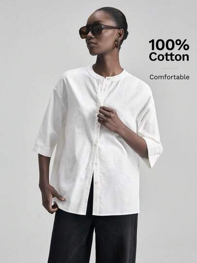 Ontre Women's All White Summer Casual Office Linen Tops,Loose Fit Dropped Shoulder 3/4 Sleeve Shirt,Pleated Design Modest High-End Old Money Style Blouse