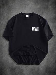 BATMAN X SHEIN 男士休闲蝙蝠印花短袖T恤，夏季 - 黑色 - 查看 2