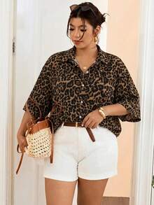 SHEIN Frenchy Vintage Leopard Print Plus Size Women's Single-Breasted Short Sleeve Shirt Fall - Multicolor - View 4