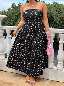 GalTyme Plus Size Women's Ditsy Floral Strapless Ruched Elegant Dress - Multicolor - View 7
