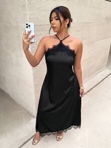Firerie 大尺碼女款純色對比蕾絲優雅掛脖洋裝 黑色優雅女款婚禮賓客禮服 派對洋裝 - 黑色 - 查看 8
