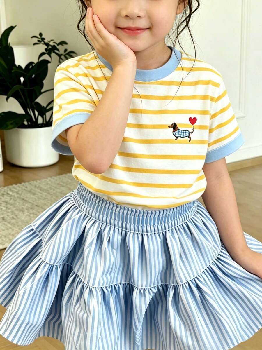Souflis Souflis 2026春夏新款女童时尚休闲舒适度假风黄蓝仿刺绣爱心狗狗印花短袖圆领T恤,适合夏季穿着 - 彩色 - 查看 1