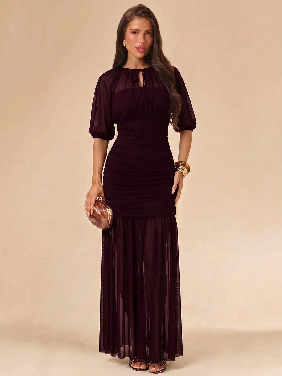 SHEIN BAE Women's Elegant Party Mesh Dress - Maroon - View 1
