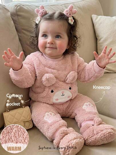 Cozy Pixies Baby Girls Pullover Sweatshirt & Sweatshirt Co-Ords, Round Neck Pullover, Plush Long Sleeve, 3D Rabbit Design, Applique Rabbit Pattern, Soft Knit Pullover Sweatshirt, Elastic Waist Striped Paw Print Long Pants, 2-Piece Set, Cute & Comfortable