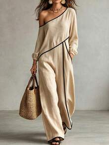 SHEIN Jumpsuit Wanita Musim Semi/Panas/Gugur Motif Aprikot Bertekstur Bahu Asimetris dengan Garis Kontras Hitam, Lengan Panjang, dan Potongan Pinggang Lebar - Aprikot - View 2