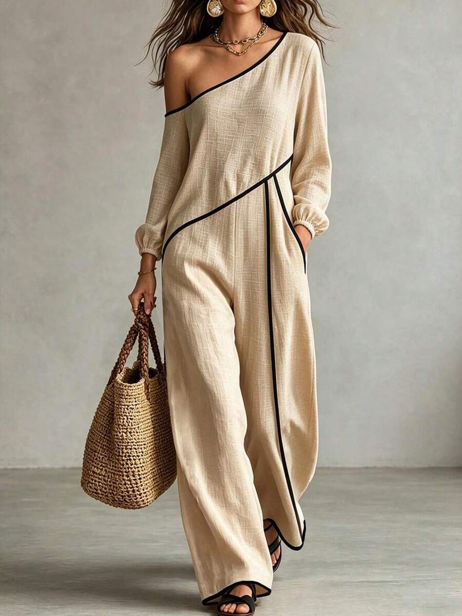 SHEIN Jumpsuit Wanita Musim Semi/Panas/Gugur Motif Aprikot Bertekstur Bahu Asimetris dengan Garis Kontras Hitam, Lengan Panjang, dan Potongan Pinggang Lebar