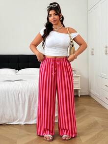 SHEIN EZwear 大尺碼休閒波西米亞風紅白配色長褲，適合度假、秋季穿著 - 彩色 - 查看 5