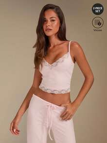 Athîral Women's Casual Elegant Knit Camisole Blush Pink Loungewear Set, Solid Color Lace Cute Set, Home Wear Lounge Sleep Summer,Women's Two-Piece Sets - Pink - View 4