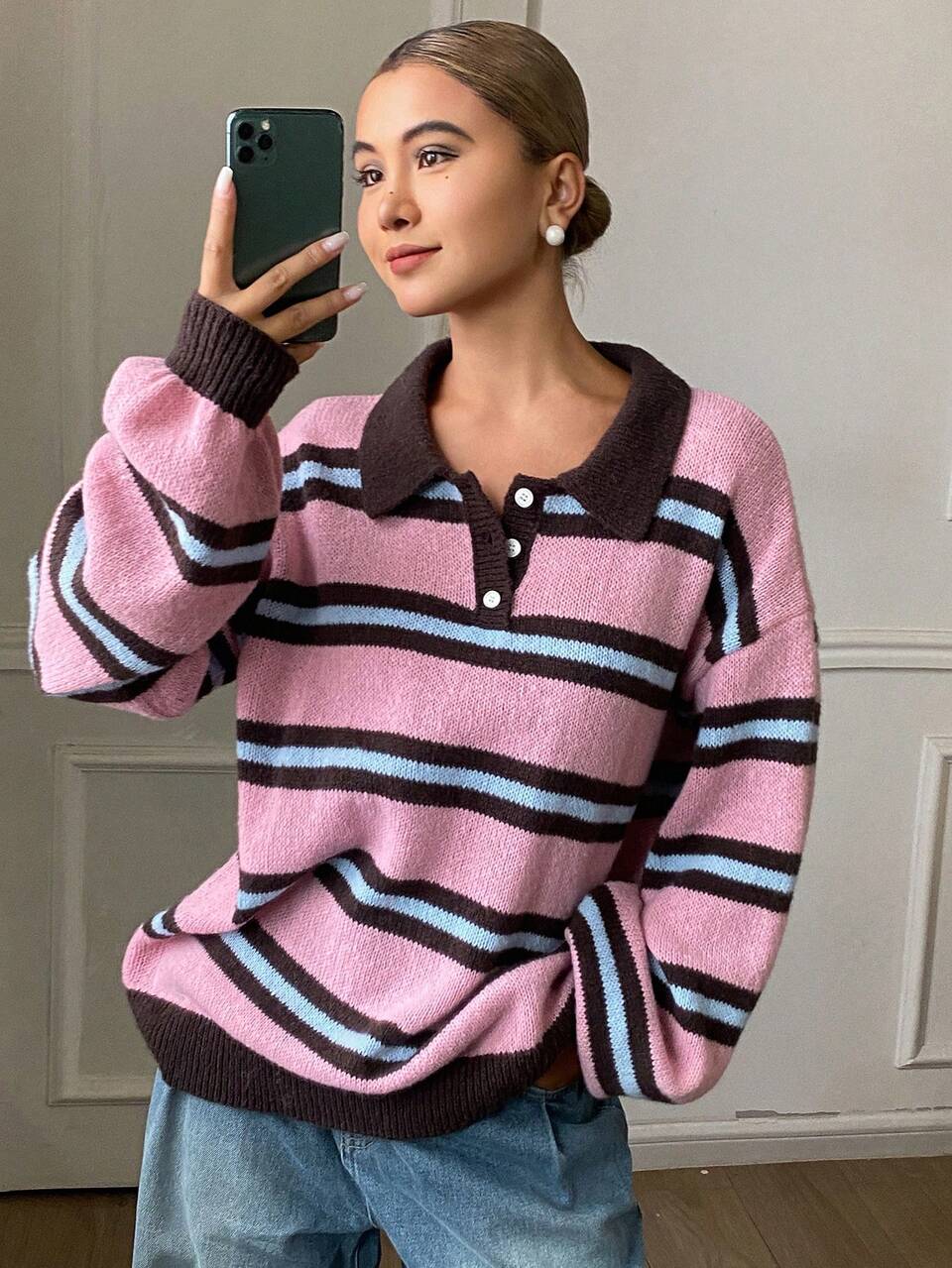 Contrast Color Striped Loose Long Sleeve Polo Collar Pullover Knit Sweater Casual Vacation Street Style Autumn/Winter Knitwear For Women
