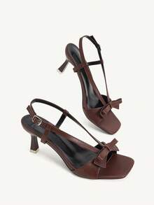 CUCCOO CHICEST Sandal Retro Prancis Cokelat dengan Pita dan Ujung Persegi, Tali Belakang dengan Gesper, Hak Tinggi, Ujung Terbuka, Sepatu Wanita Musim Panas - Coklat - View 4