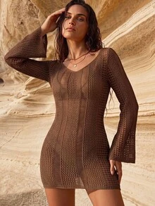 Swim Chiccia 女款純色喇叭袖露背綁帶設計罩衫洋裝 - 棕色 - 查看 5