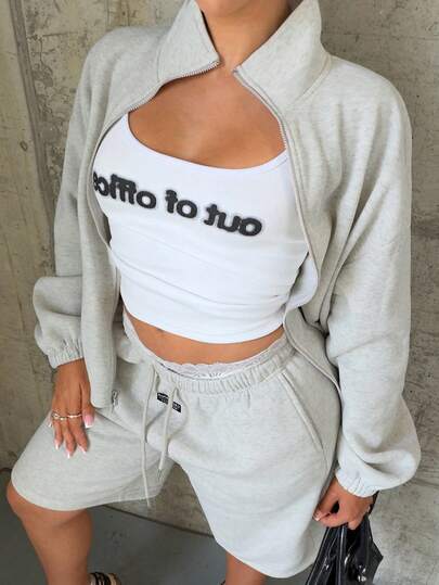 Slaydiva High Neck Double Zipper Batwing Sleeve Long Sleeve Oversized Sweatshirt + 5-Point Wide Leg Pants Light Gray Fleece Lined Sweatshirt Set New Style Summer, Music Festival, Valentine's Day, Easter, Back To School, Casual, Minimalist, Basic, Street Y2K, Street Sweet Style, Hot Selling, Daily Date Women 2-Piece Set-A