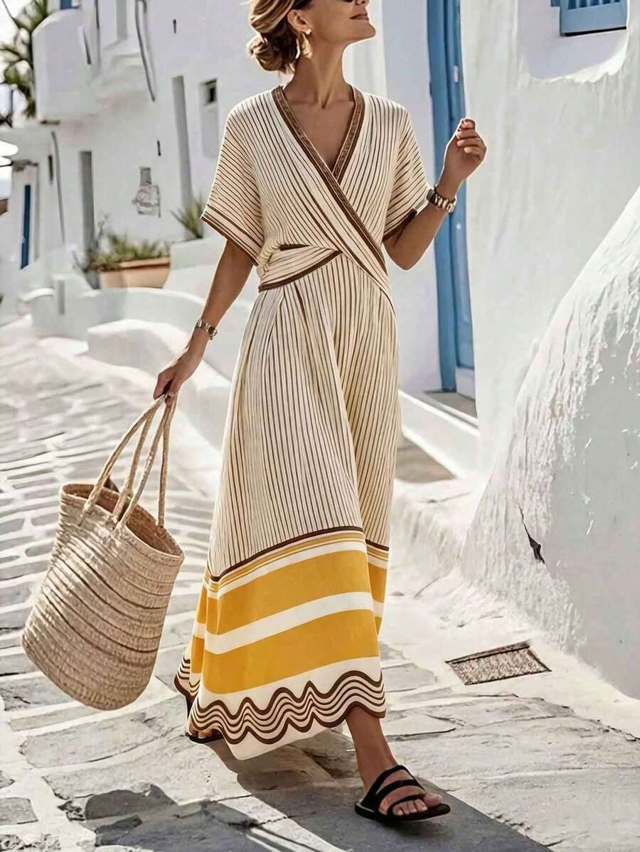 SHEIN Holidaya 夏季新品:V领优雅连衣裙——短袖,撞色宽窄条纹,宽松长款廓形。这款法式复古单品融合了度假风情与职场优雅,A字版型更显修身显瘦。 - 彩色 - 查看 1
