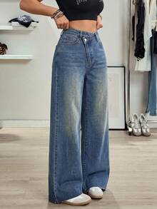 SHEIN Tall 高個女款休閒百搭交叉鈕扣腰直筒牛仔褲 - 深色水洗藍 - 查看 4