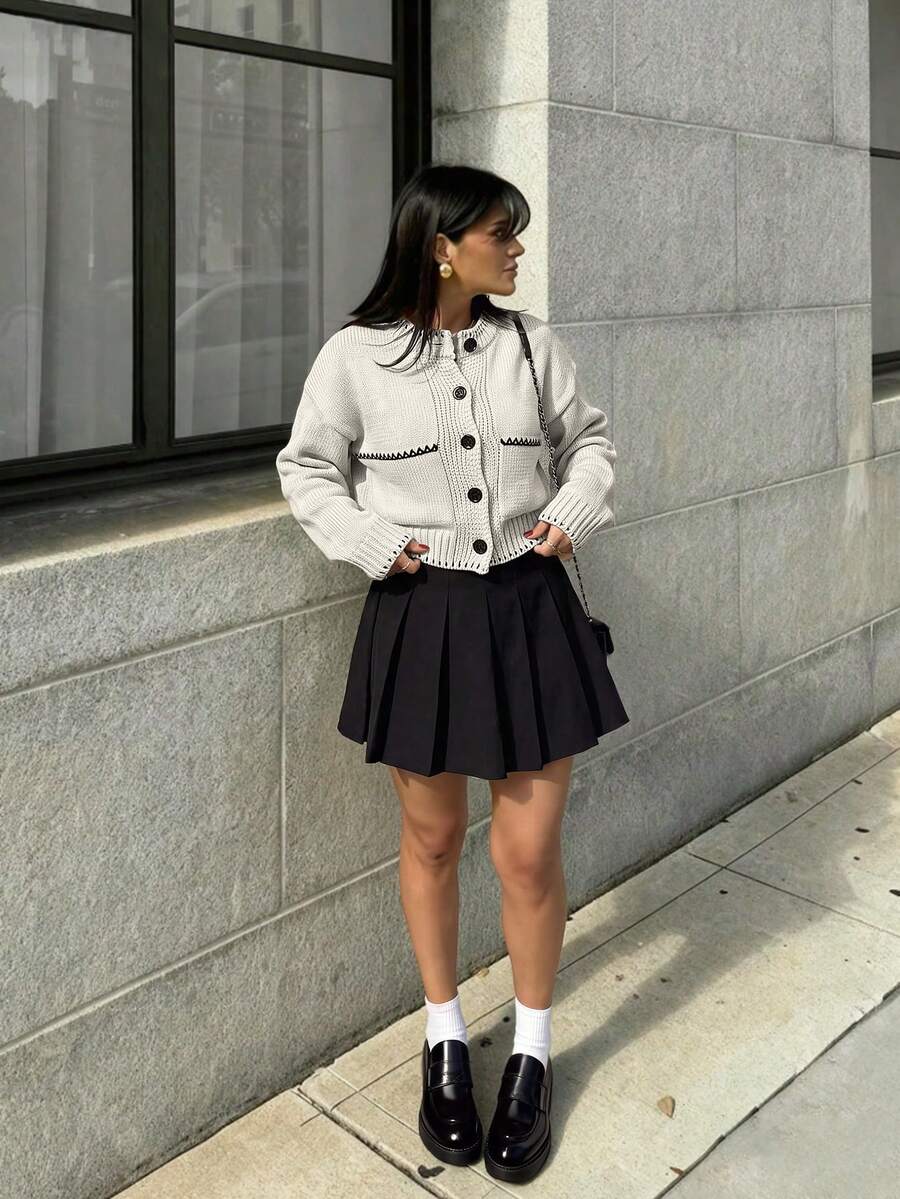 Women Stitch Detailed Front Button Stripe Pattern Cardigan - Apricot - View 1
