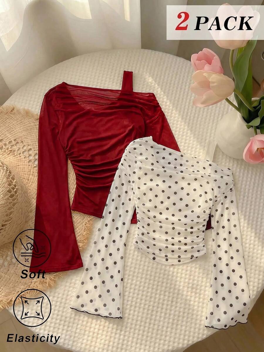 SHEIN MOD 女款 2 件組 素色與波點不對稱單肩 T-shirt - 彩色 - 查看 1