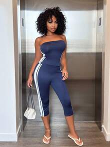 Alexandranx Women's Navy Blue And White 2 Pieces Set Pants,Y2K Style Elegant - Navy Blue - View 4