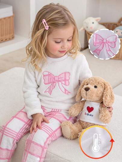 SHEIN Piyama Anak Perempuan Lengan Panjang Pas Badan dengan Celana Panjang, Koleksi Terbaru Musim Gugur/Dingin, Bahan Fleece, Motif Kotak-kotak Pink Manis Sederhana dan Serbaguna untuk Sehari-hari, Bordir Pita, Nyaman untuk Dipakai di Rumah dan Bersantai