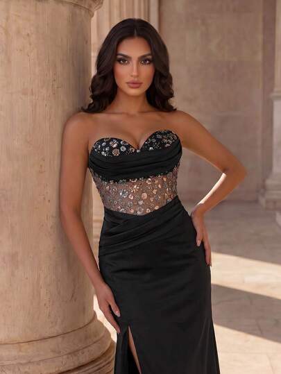 Coutiva Women's Sequin Patchwork Satin Long Formal Evening Gown (Heavy Embellishment)