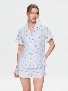 Bonmuse 3pcs Women's Cherry Striped Print Pajama Set With Pockets, Front Button, Ruffle Hem Short Sleeve Top And Shorts & Pants, Summer Sleepwear - Multicolor - View 3
