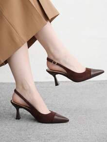 CUCCOO BIZCHIC Women Slingback Heels Mixed Material Design Pointed Toe Elegant Office Shoes - Brown - View 4