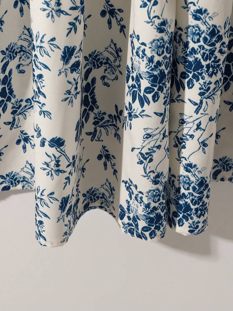 Franclia 女士夏季蓝白瓷纹印花多层中长裙：米白色底色，饰以靛蓝色植物花卉图案，高腰弹力设计，适合各种身材，多层裙摆垂坠飘逸，充满文艺气息，适合通勤或度假穿着，可与衬衫/吊带背心完美搭配。 - 藍白色 - 查看 5