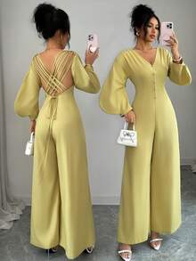 Elenzga Women's Solid Color V-Neck Casual Jumpsuit For Daily Wear - Mustard Yellow - View 7