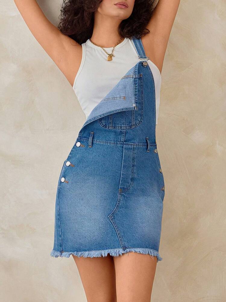 SHEIN Woman Overall Denim Dress Blue Everyday Summer Casual Streetwear Back-To-School Holiday Night - Medium Wash - View 3