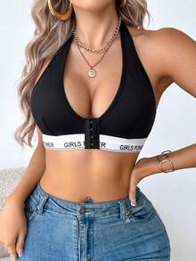 SHEIN 1件女款字母腰帶掛脖式前扣無鋼圈無墊胸罩 - 黑色 - 查看 4