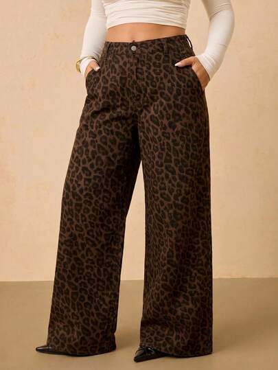 Elaquor Plus Size Fashion Street Leopard Print Button Pocket Loose Denim Jeans