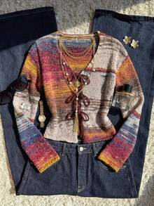 Soleia Cardigan Feminino com Cadarço, Colorblock, Ajuste Slim, Versátil para Uso Diário e Passeios - Multicolorido - Visão 1