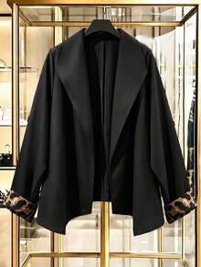 GlowEve CURVE Plus Size Women's Leopard Print Patchwork Sleeve Design Open Front Lapel Casual Trench Coat, Suitable For Commuting, Business And Daily Wear Fall - Multicolor - View 3