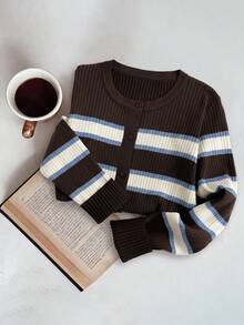 Muvela Women's Striped Long Sleeve Single-Breasted Casual Knit Cardigan - Brown - View 8