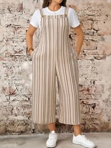 EMERY ROSE Plus Size Autumn Casual Striped Jumpsuit Beach Bussines Vacation Bussines Vacation Bussines Vacation Beige Fall - Multicolor - View 1