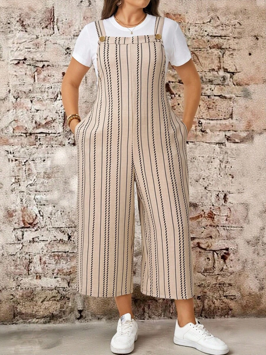 EMERY ROSE Plus Size Autumn Casual Striped Jumpsuit Beach Bussines Vacation Bussines Vacation Bussines Vacation Beige Fall - Multicolor - View 1