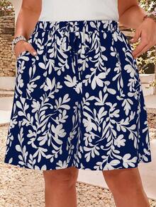 EMERY ROSE Plus Size Women's Texture Striped Elastic Waist Drawstring Pocketed Straight Shorts For Summer - Navy Blue - View 6