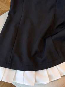 SHEIN Back To School Season Girls Black & White Classic Little Black Dress With Small Collar, Bowknot And Ruffle Hem - Black - View 9