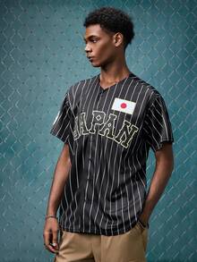 EVRINFINITE Men's Size 16 Black Baseball Jacket, Casual Short Sleeve Embroidered Patchwork V-Neck Button T-Shirt, Party & Sports Wear Fall - Black - View 5