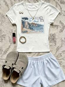 IslaSuriya Women's Letter & Landscape Print Round Neck Short Sleeve Top And Striped Shorts 2-Piece Set - Multicolor - View 1