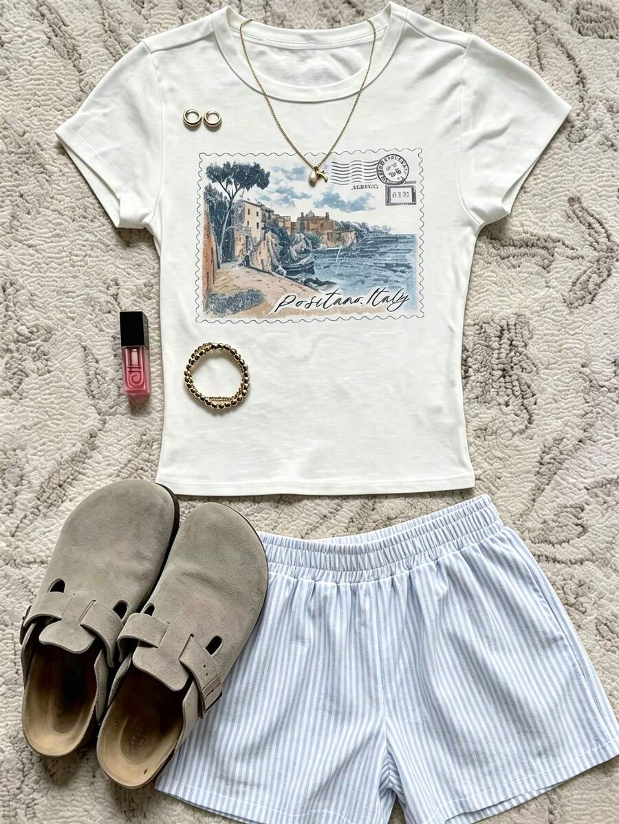 IslaSuriya Women's Letter & Landscape Print Round Neck Short Sleeve Top And Striped Shorts 2-Piece Set - Multicolor - View 1