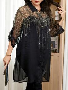Reflora Plus Size Vacation Print Single-Breasted Sheer Fashion Shirt - Black - View 4