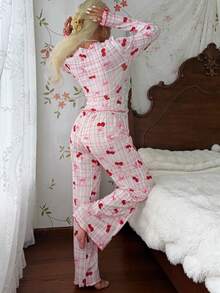 CottageSlumber Women's Plaid Cherry Bow Print Frill Trim Round Neck Long Sleeve Pants Pajama Set - Pink - View 2
