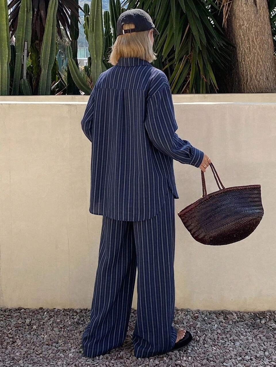 Women's 2 Pieces Set: Navy Blue Vertical Striped Button-Down Loose Fit Long Sleeve Shirt With Wide Leg Pants Lounge Sets For Women