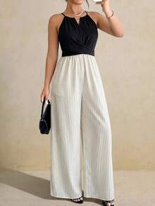SHEIN LUNE CURVE 2026年春夏新款女款掛脖式串珠條紋連身褲，休閒度假辦公穿搭，時尚街頭居家連身褲 - 彩色 - 查看 4