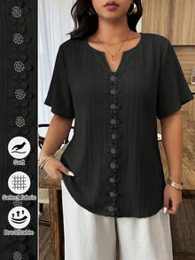 Weeklong Blusa holgada de manga corta con volantes y parches florales para mujer talla grande, primavera/verano - Negro - Ver 1