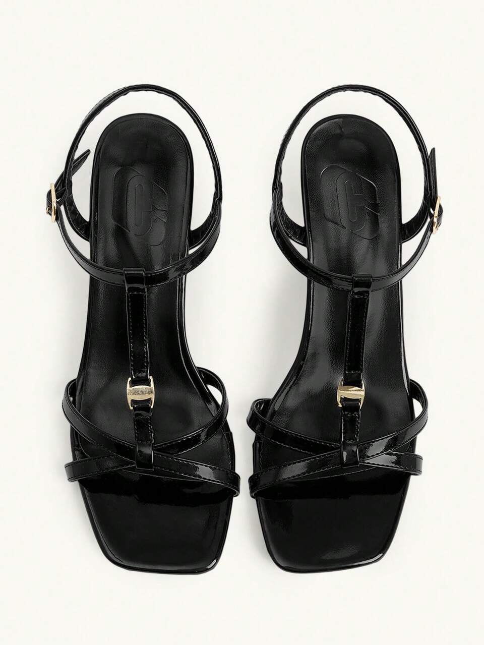 CUCCOO CHICEST Black Patent Leather Square Toe T-Word With High-Heeled Sandals Women's, Thin Heel Buckle With Versatile Commuter Shoes