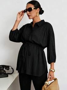 MaterniWear Atasan Hamil Wanita Kasual Longgar dengan Kerah Lipat dan Tali Serut, Model Tenun Warna Polos yang Modis untuk Aktivitas Luar Ruangan - Hitam - View 5