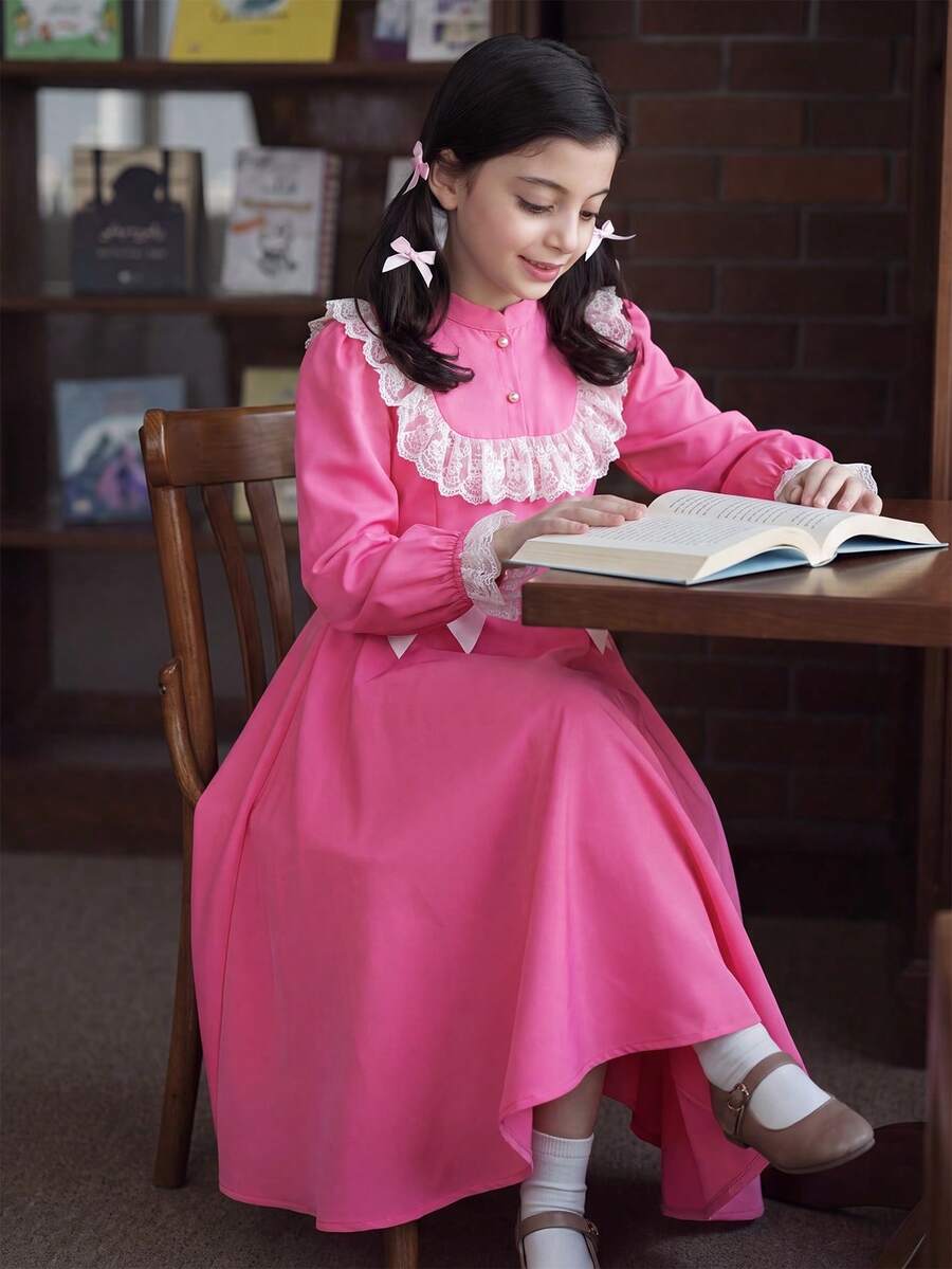 SHEIN 青少年女孩休閒學院風日常百搭舒適拼色翻領洋裝 開學季秋冬穿搭 - 粉色 - 查看 1