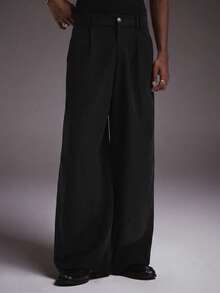 STYNVO Men's Solid Color Pleated Design Wide Leg Loose Fit Long Pants - Black - View 3
