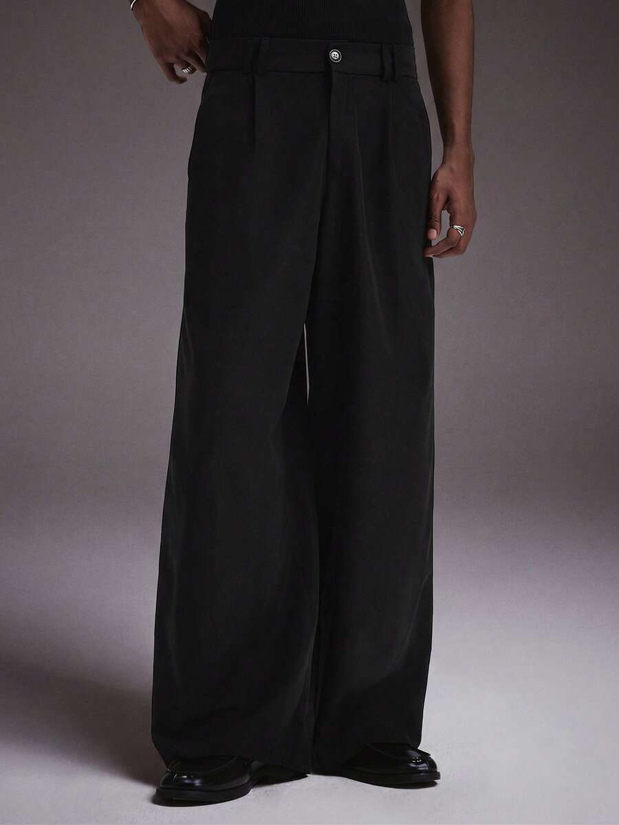 STYNVO Men's Solid Color Pleated Design Wide Leg Loose Fit Long Pants - Black - View 1